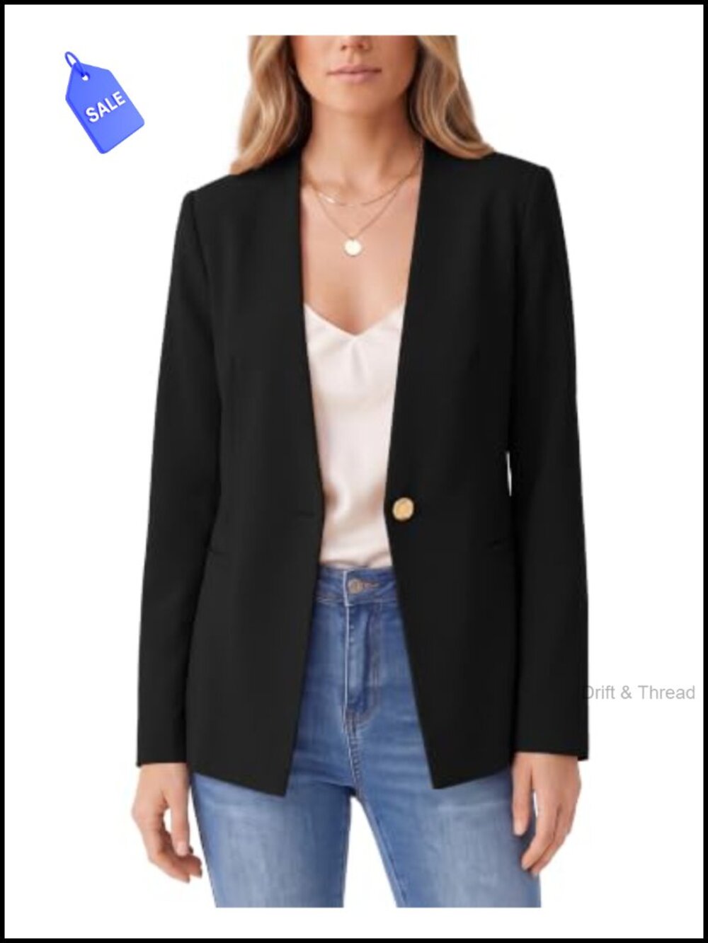 Collarless Long Sleeve Blazer Business Casual Open Front V Neck Suit Jacket